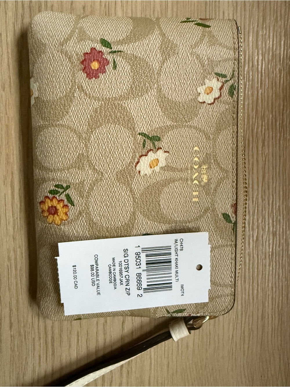 Coach Beige Floral Signature Wristlet with Pink & Yellow Blooms